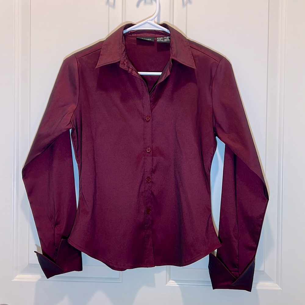 Shimmery wine color button down shirt blouse